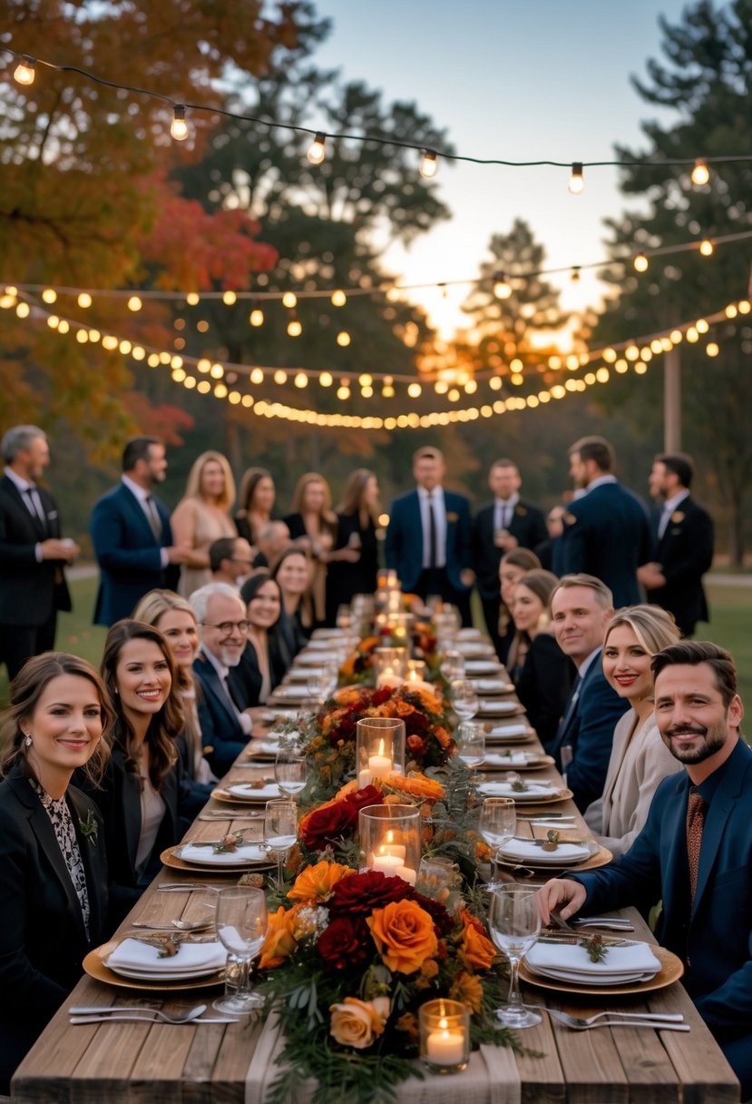 An outdoor wedding rehearsal dinner with a long table decorated with autumn flowers and candles, surrounded by guests talking and smiling under string lights at sunset.