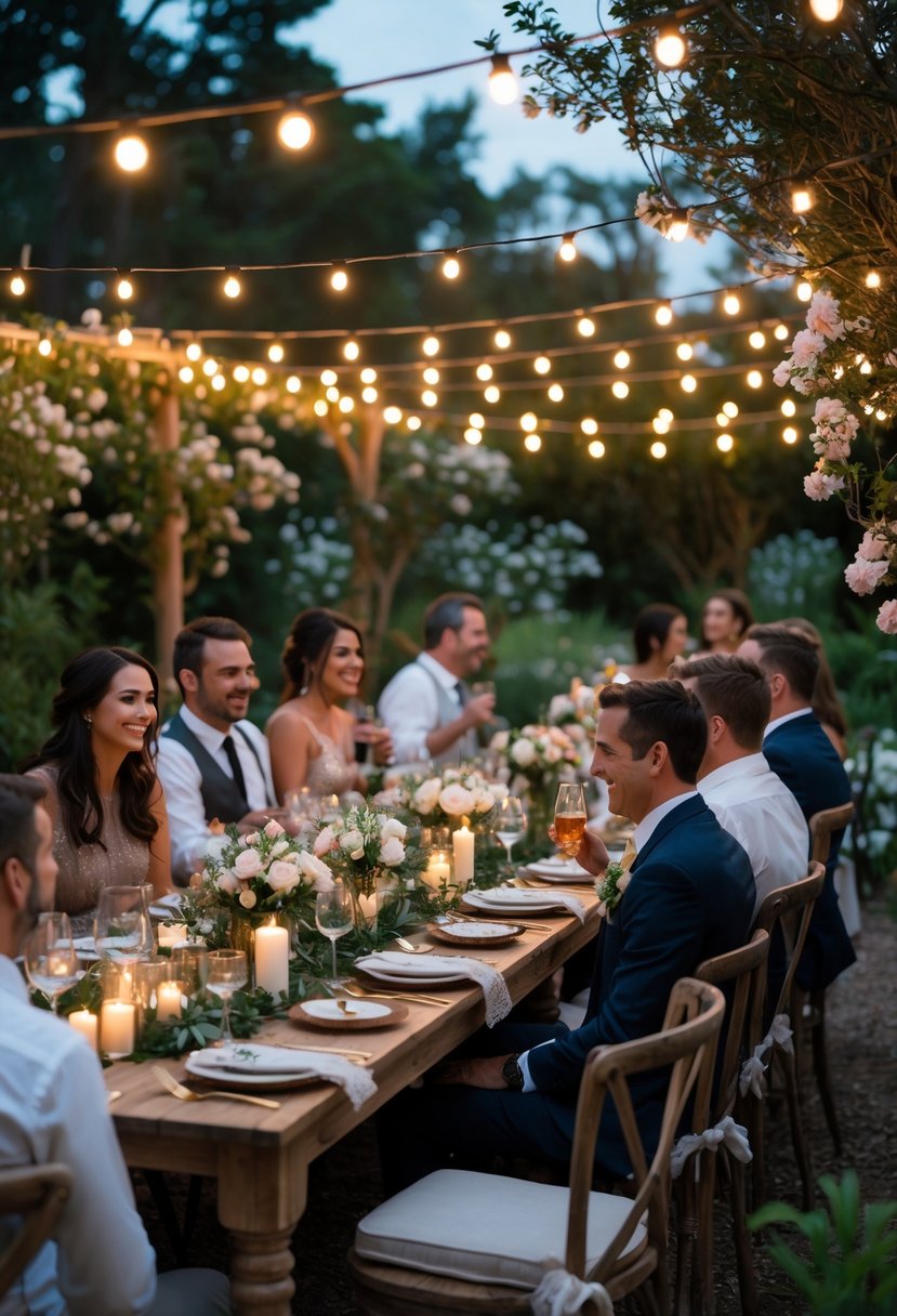 An intimate garden party with guests seated at decorated tables under soft fairy lights during a wedding rehearsal dinner.