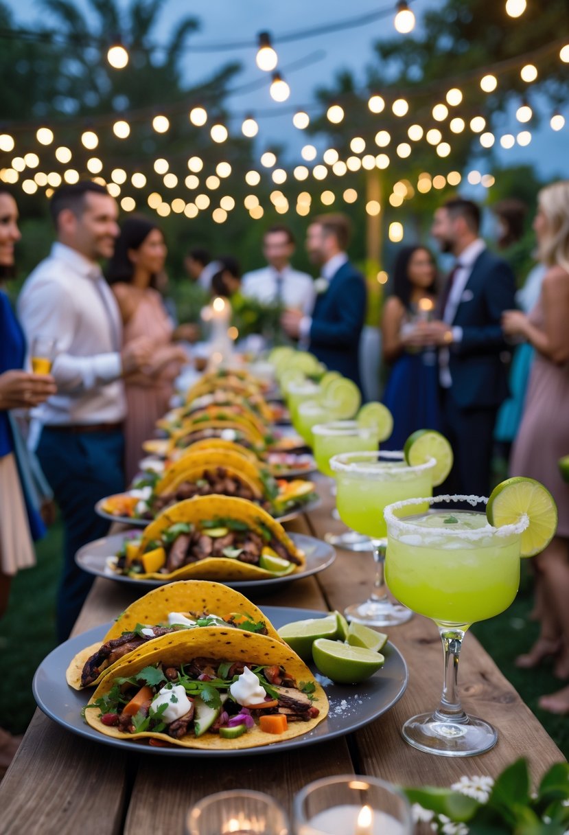 An outdoor late-night taco bar with plates of tacos and margarita glasses, surrounded by people enjoying a wedding rehearsal dinner under string lights.