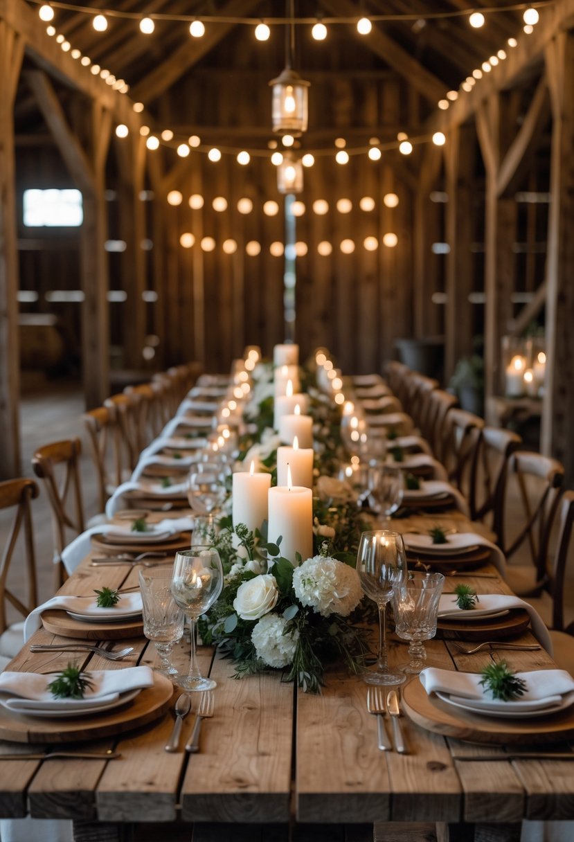 A long wooden table set for a cozy dinner inside a barn, illuminated by candlelight with rustic wooden decor and floral arrangements.