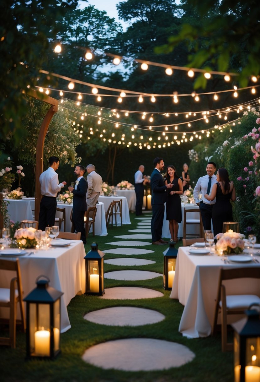 Outdoor garden pathway lit by lanterns leading to a dinner area with guests socializing around decorated tables.