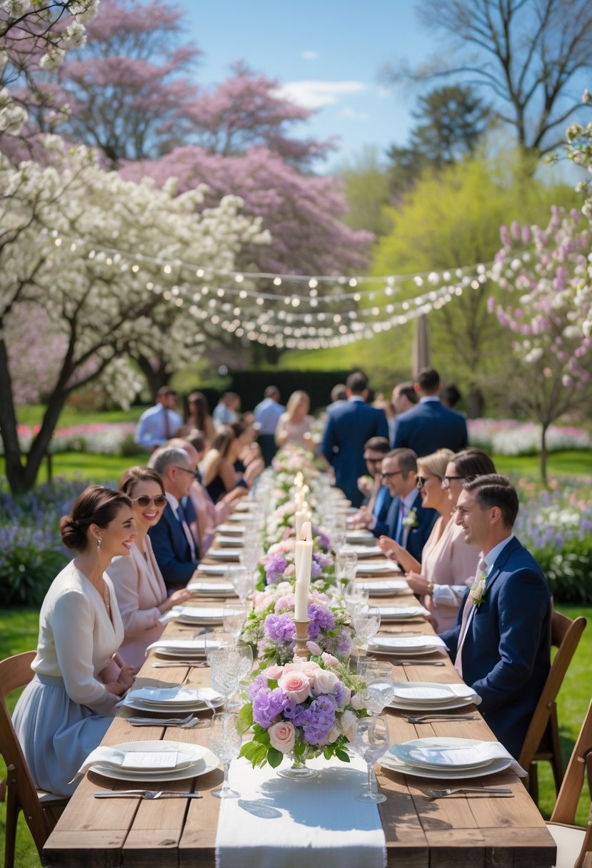 An outdoor garden party with a decorated table surrounded by guests enjoying a spring wedding rehearsal dinner among blooming flowers.