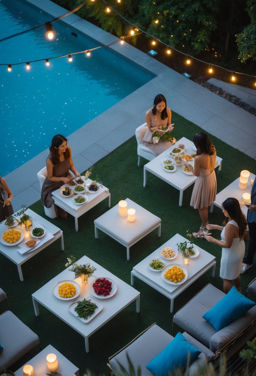 People dressed in semi-formal clothes enjoying light snacks and drinks around a pool at an outdoor evening gathering.