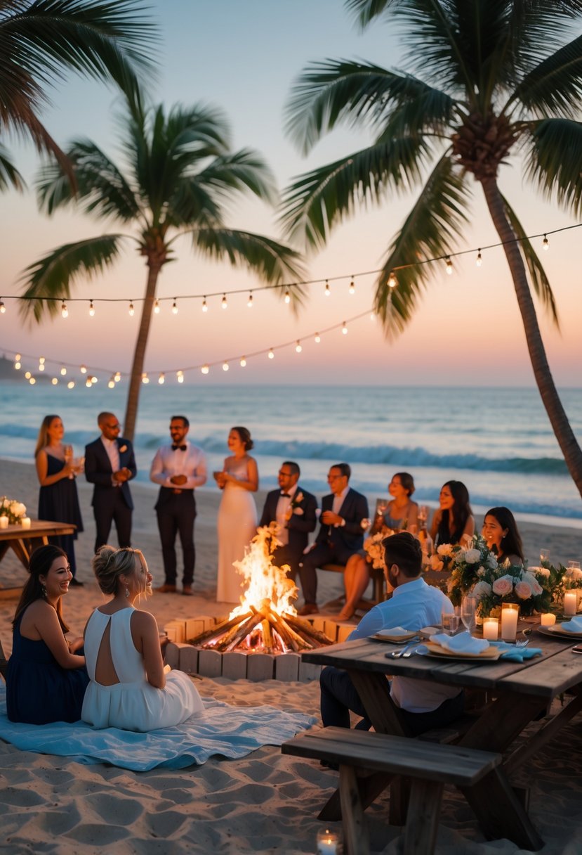 People gathered around a bonfire on a sandy beach at sunset, with string lights and a decorated table nearby.