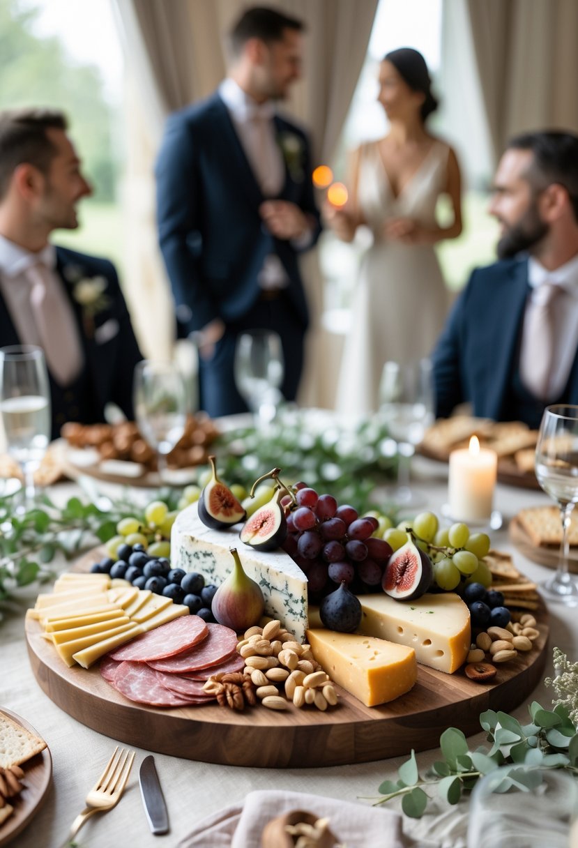 A wooden charcuterie and cheese board with assorted cheeses, meats, fruits, nuts, and crackers on a table, with people in the background.