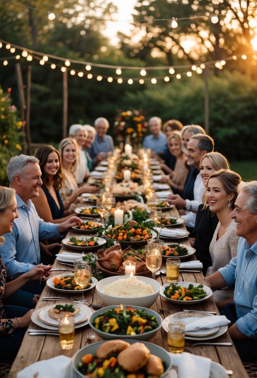 A group of people enjoying a family-style dinner outdoors with homemade comfort food on a long wooden table decorated with candles and string lights.