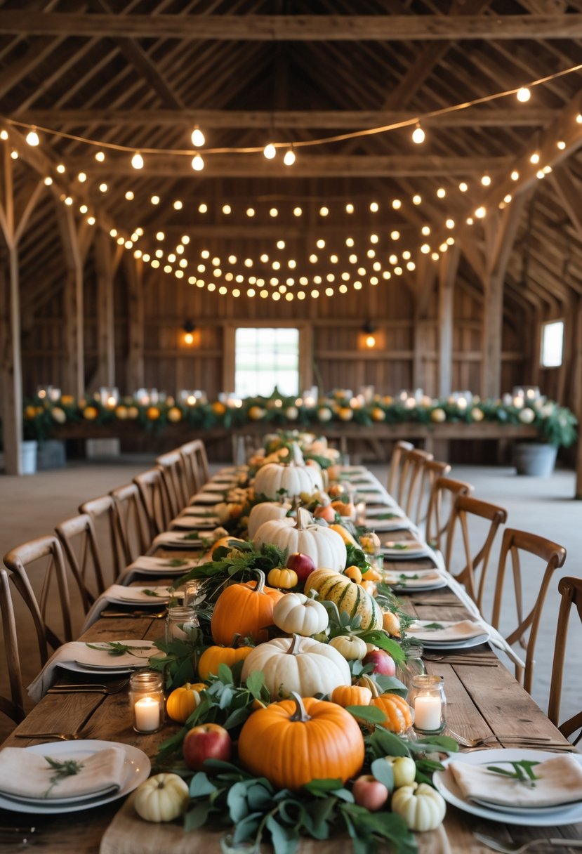 A rustic barn interior with a long wooden table set for a dinner, decorated with seasonal fruits and vegetables, warm string lights, and simple place settings.