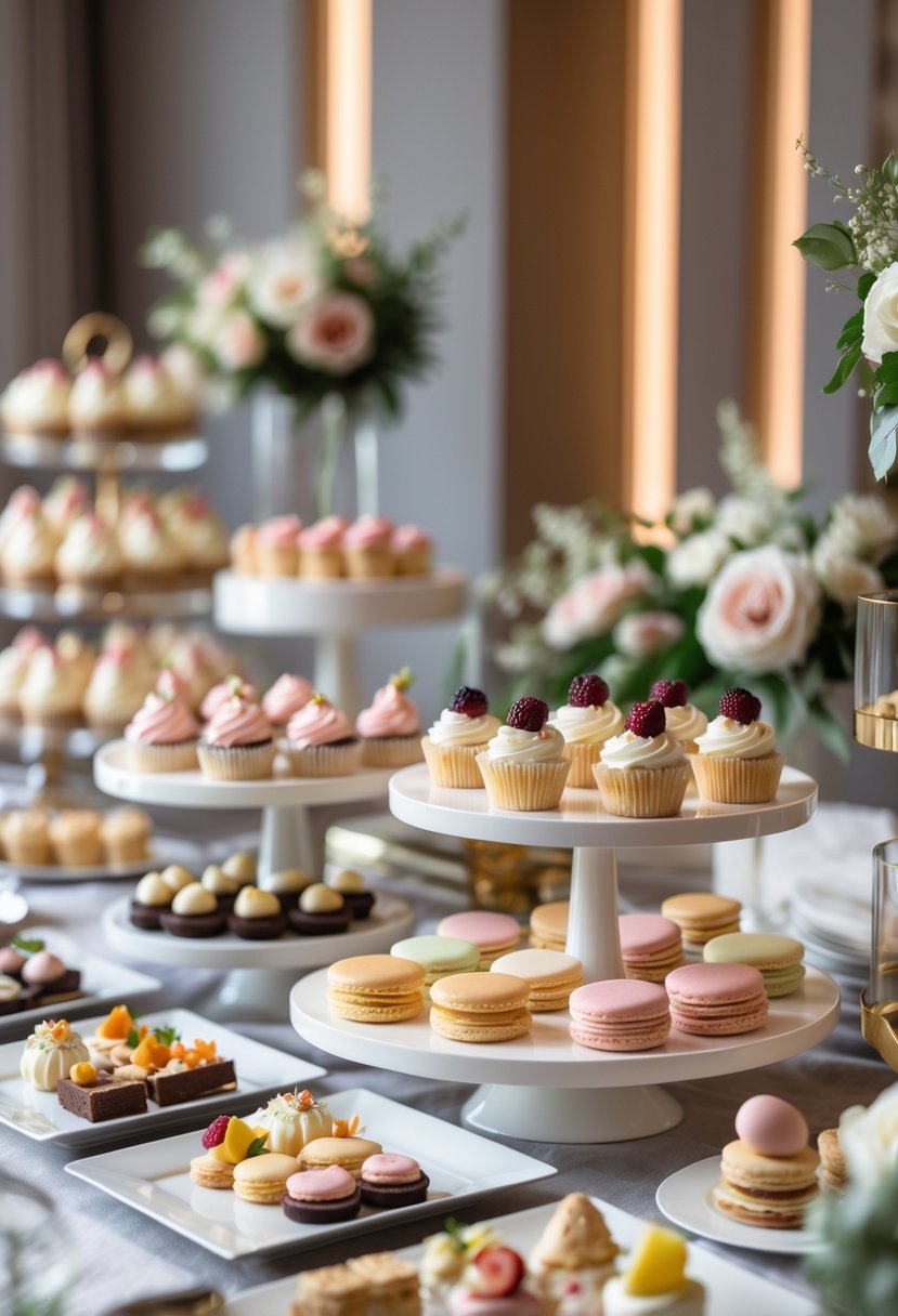 A dessert table with a variety of artisanal sweets including cupcakes, chocolates, macarons, tarts, and cookies arranged on platters and stands with floral decorations.