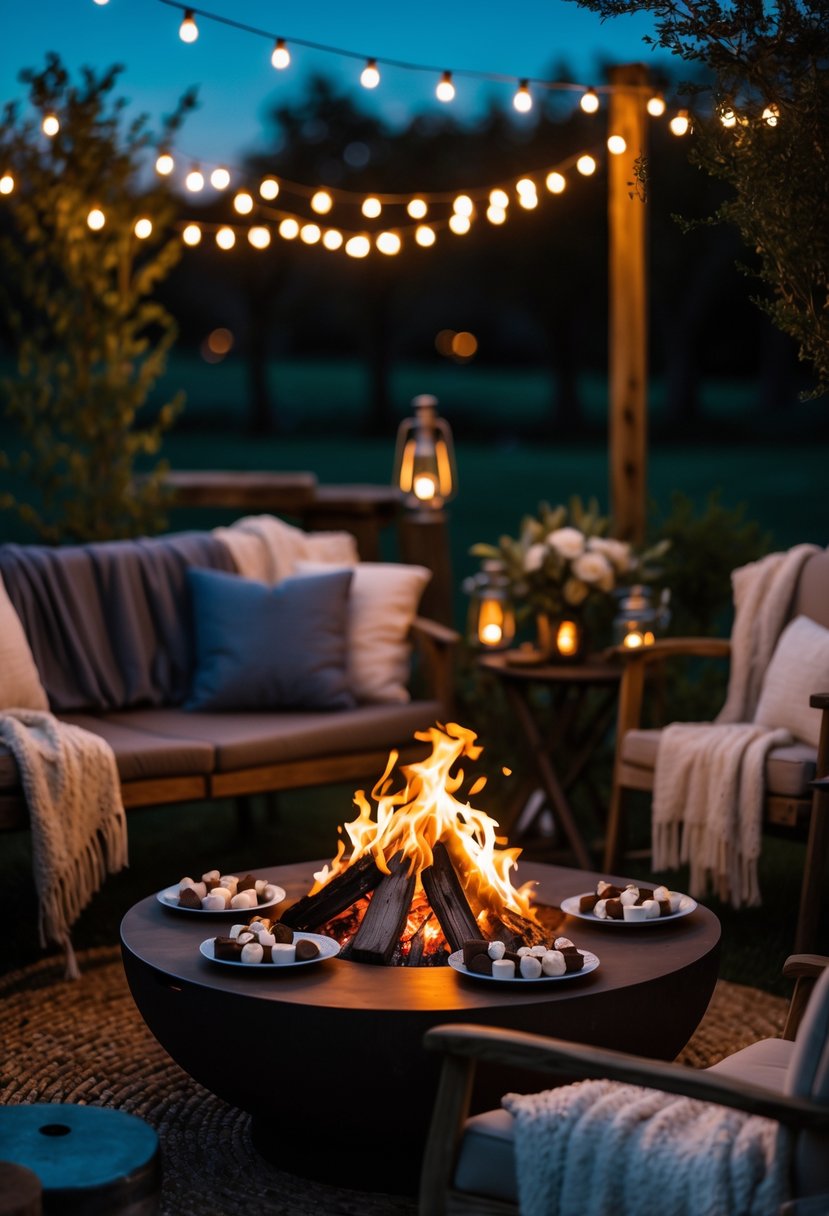 An outdoor fire pit surrounded by seating with blankets and a table with s'mores, set for a cozy gathering.