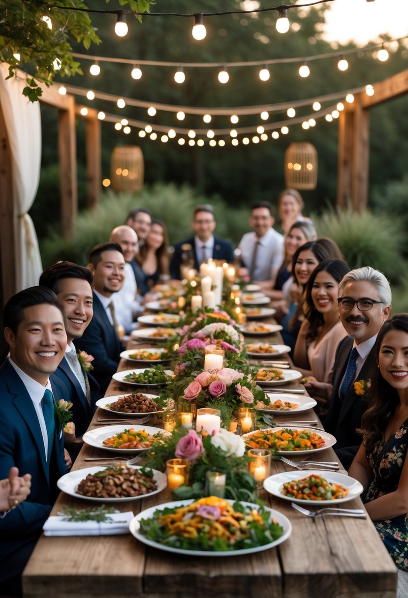 People gathered around a long table outdoors enjoying a diverse dinner with various cultural dishes during a wedding rehearsal event.