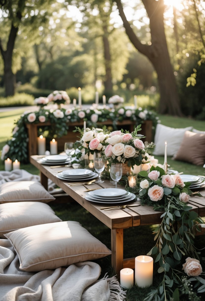An outdoor picnic setup with a low table decorated with flowers, surrounded by cushions and blankets in a garden setting.