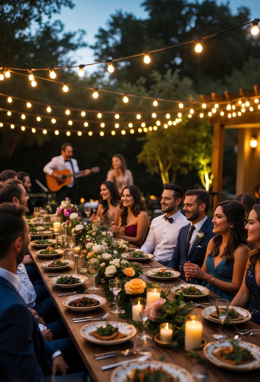 Guests enjoying a modern outdoor wedding rehearsal dinner with live acoustic music, tapas dishes, and warm string lights in a garden setting.