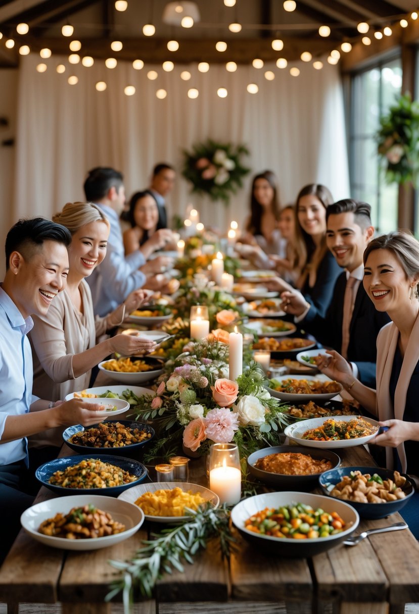 Guests enjoying a potluck-style dinner at a wedding rehearsal, sharing homemade dishes around a decorated table indoors.