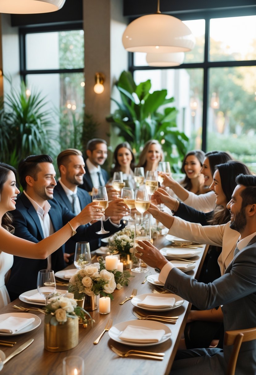 A group of people enjoying a dinner together at a stylish restaurant with a long wooden table set with plates, glasses, and floral decorations.