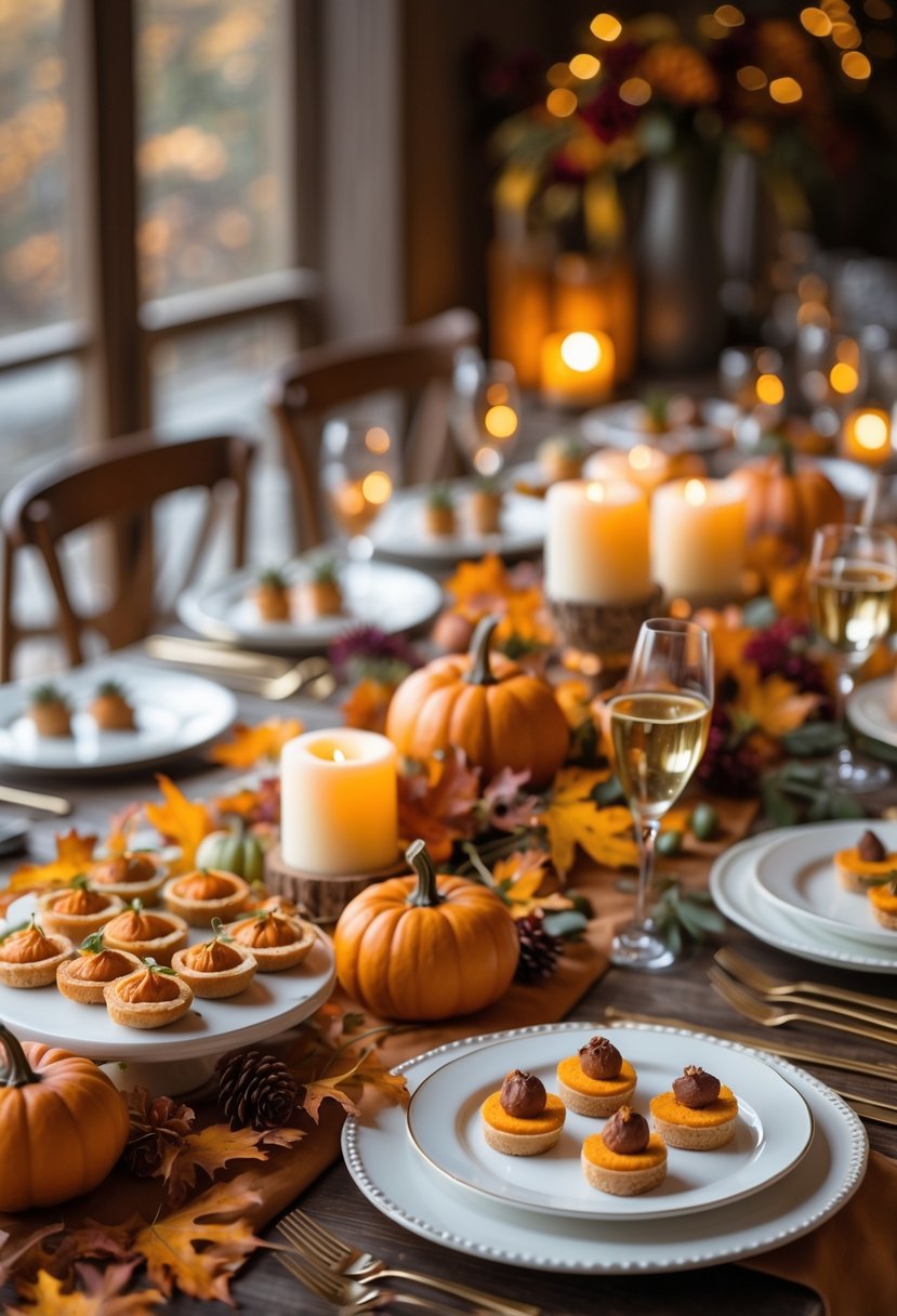 A table set with autumn-themed appetizers including mini pumpkin tarts and spiced cheese bites, decorated with small pumpkins, cinnamon sticks, and fall leaves.