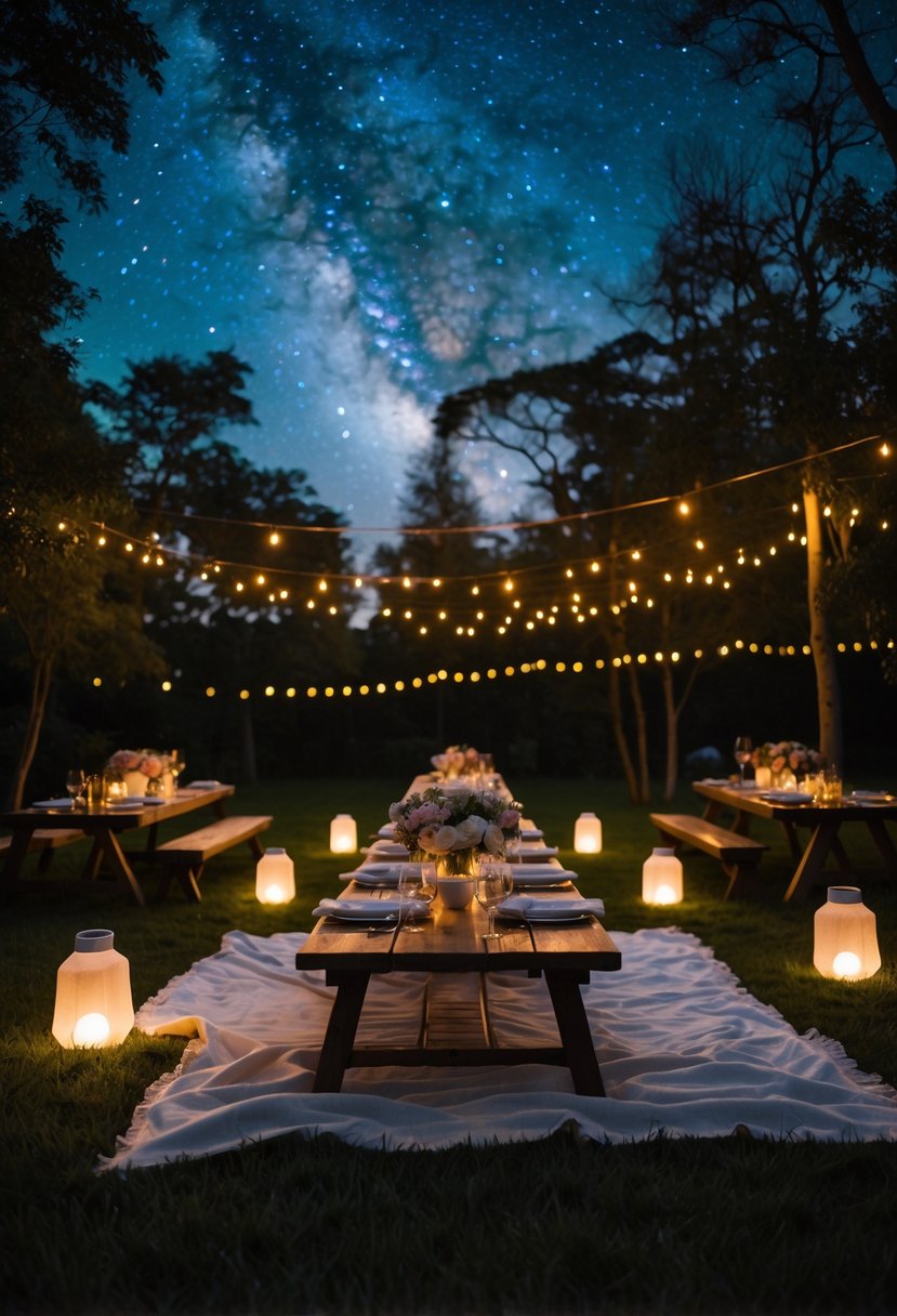A cozy outdoor picnic at night with blankets, lanterns, and low tables set for a dinner under a starry sky.