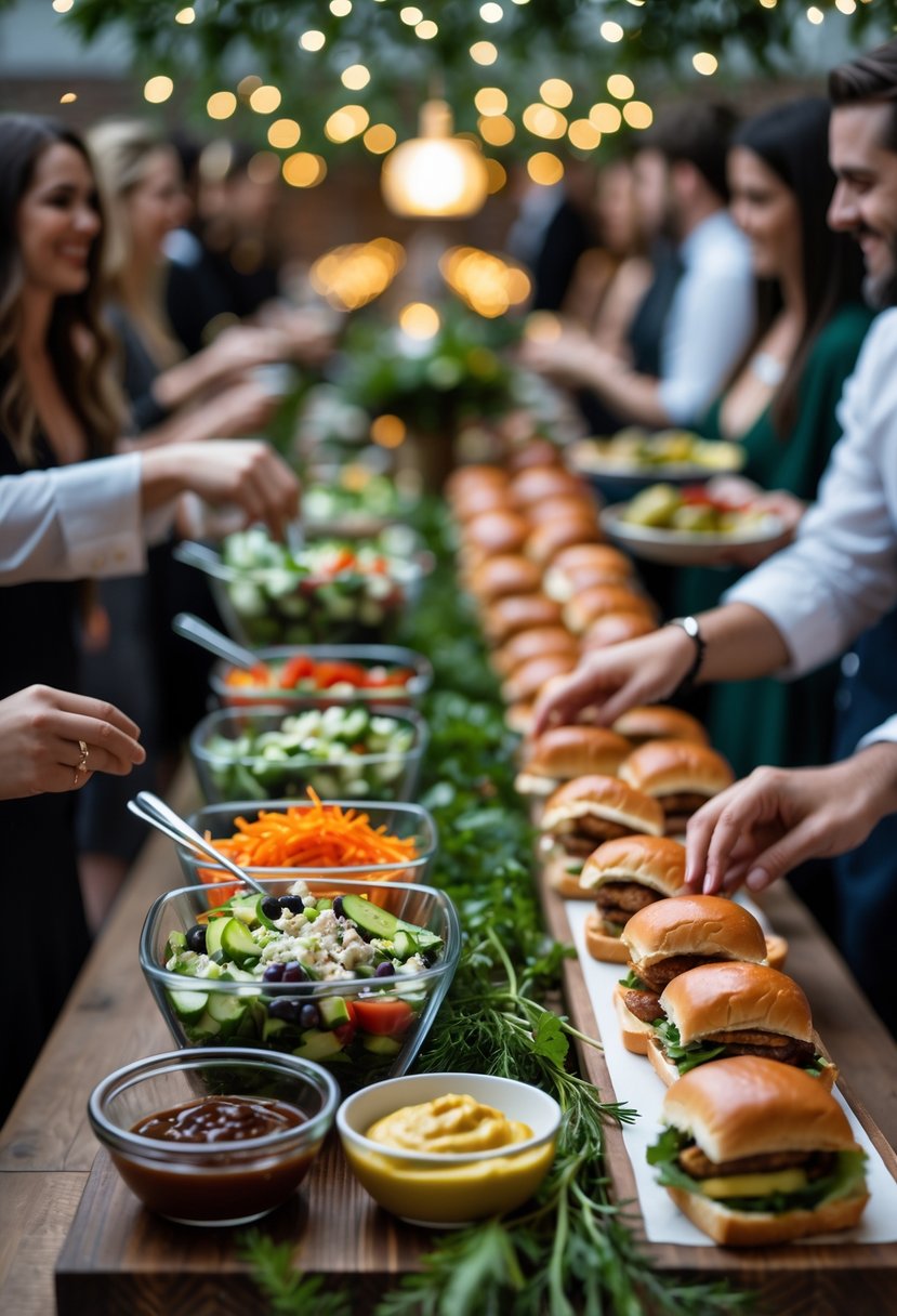 Guests assembling salads and sliders at a decorated table with fresh ingredients and toppings during a wedding rehearsal dinner.