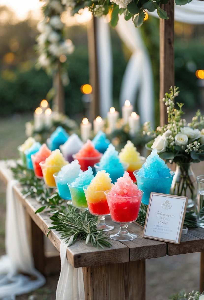 An outdoor dessert bar displaying colorful snow cones arranged on a wooden table decorated with flowers and candles at a wedding rehearsal dinner.