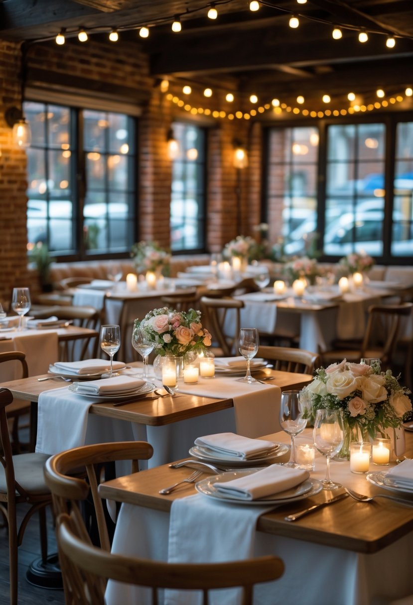 Cozy café interior with warm lighting, wooden tables set for a wedding rehearsal dinner with floral centerpieces and candles.