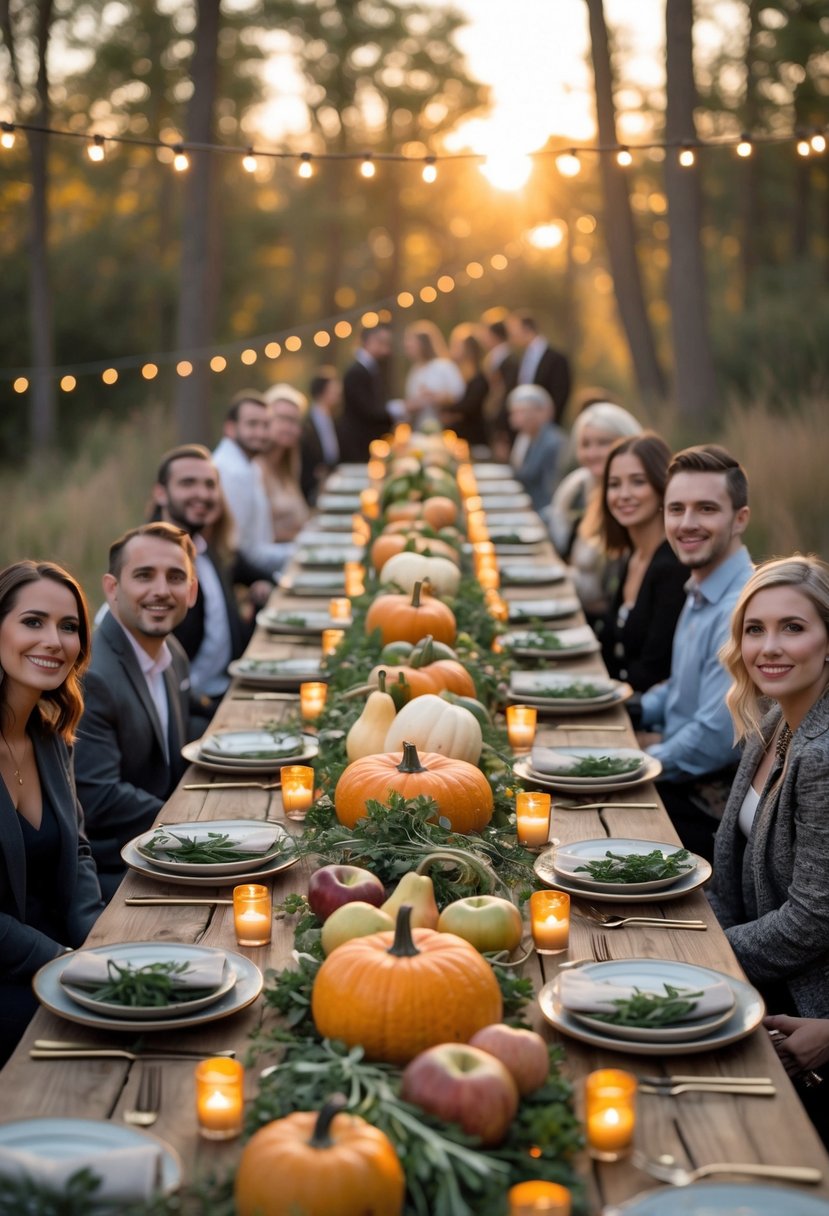 Guests enjoying an outdoor wedding rehearsal dinner at a long table decorated with seasonal fruits and vegetables.