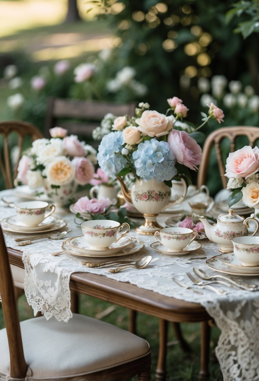 An outdoor table set for a vintage tea party with floral decorations, teacups, and antique tableware surrounded by chairs.