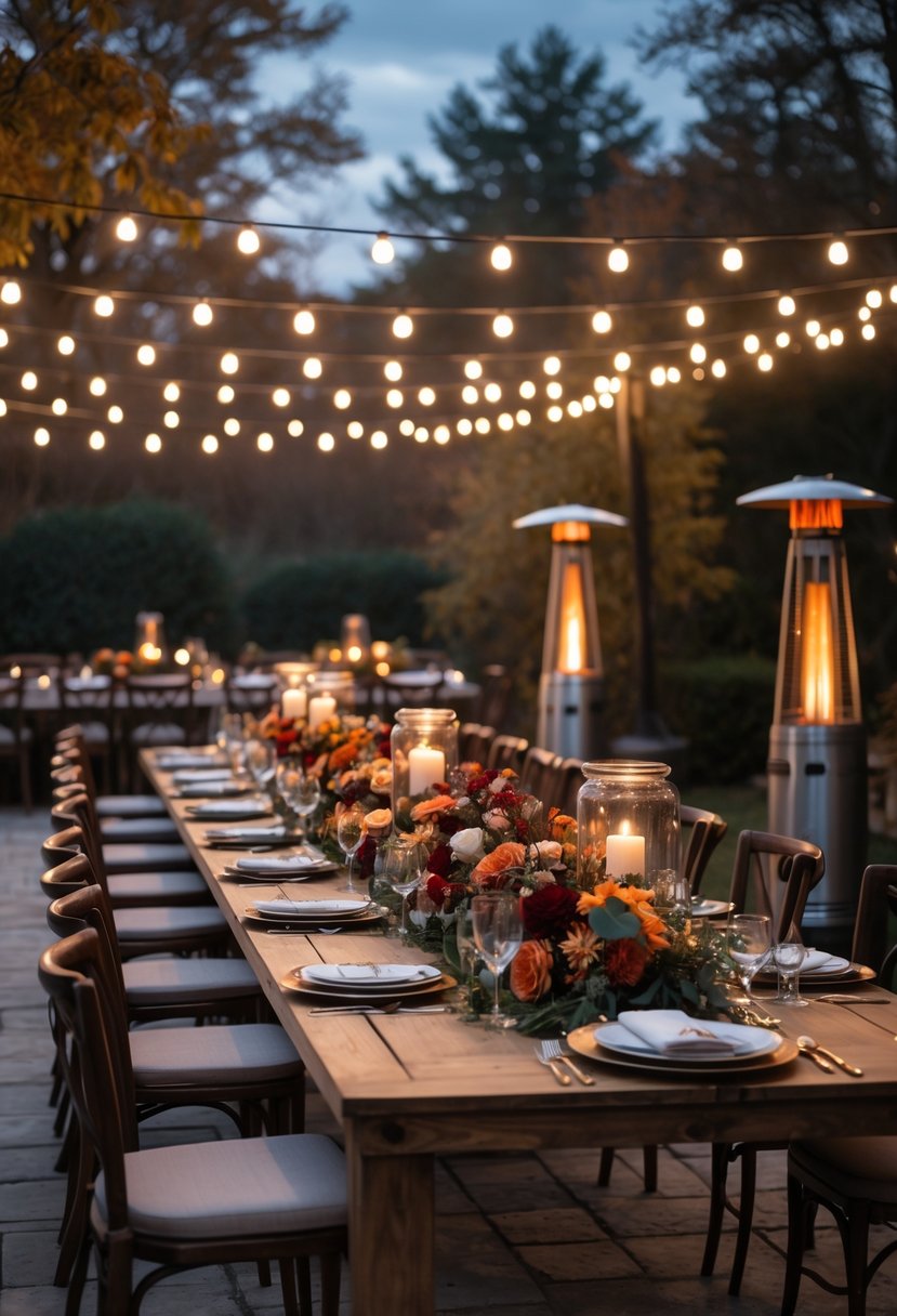 Outdoor patio dining area with a long table set for a wedding rehearsal dinner, surrounded by outdoor heaters and warm lighting during a chilly evening.