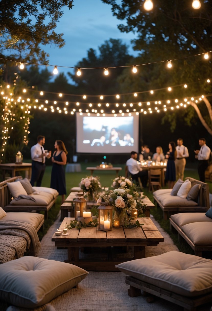 An outdoor rehearsal dinner with cozy seating, string lights, a large projector screen, and guests enjoying the evening surrounded by greenery.