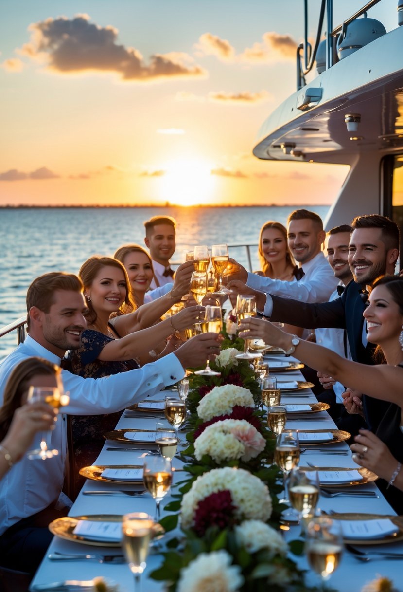 A group of people dressed elegantly enjoying a dinner party on a yacht at sunset with ocean views.
