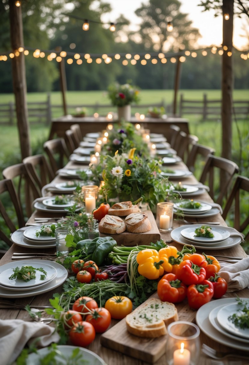 A rustic outdoor table set with fresh seasonal vegetables and plated dishes, decorated with wildflowers and candles for a cozy wedding rehearsal dinner.
