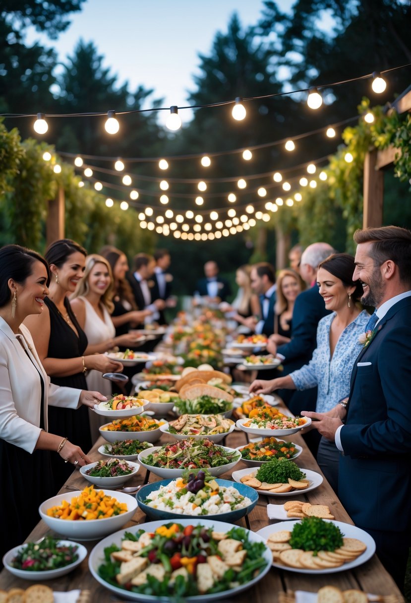 People enjoying a potluck gathering around a long table filled with various dishes outdoors during a wedding rehearsal dinner.