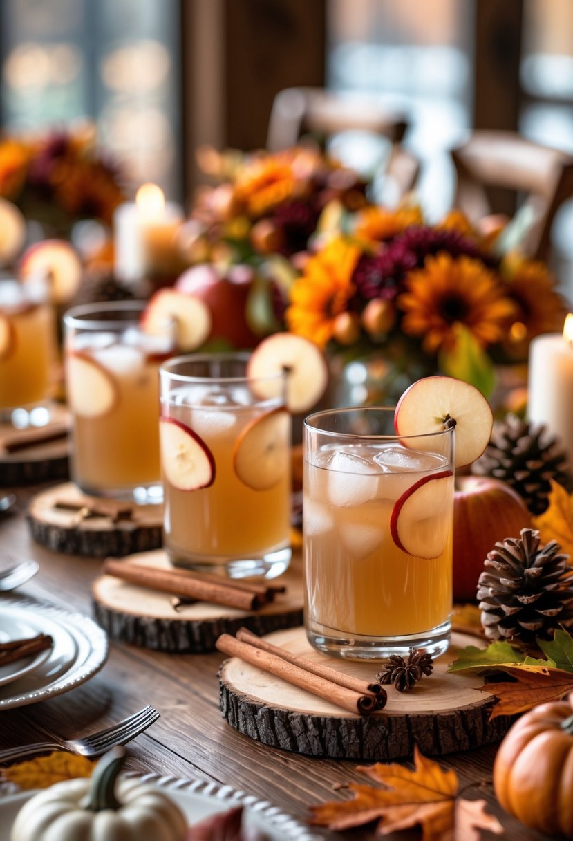 A table set with apple cider cocktails garnished with cinnamon sticks and apple slices, surrounded by autumn decorations like pumpkins, leaves, and candles.