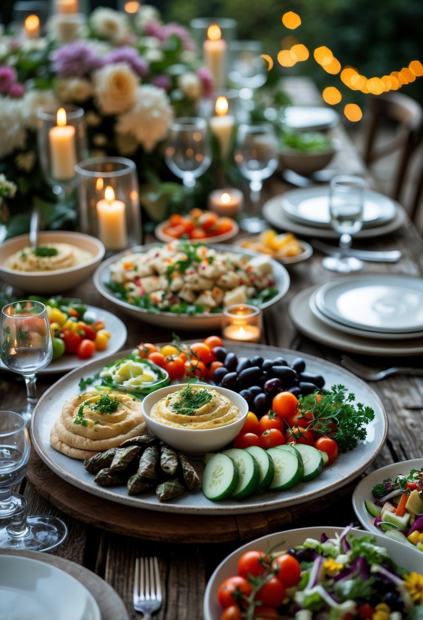 A Mediterranean mezze spread with various colorful dishes on a wooden table, surrounded by soft candlelight and floral decorations, creating a cozy dinner atmosphere.
