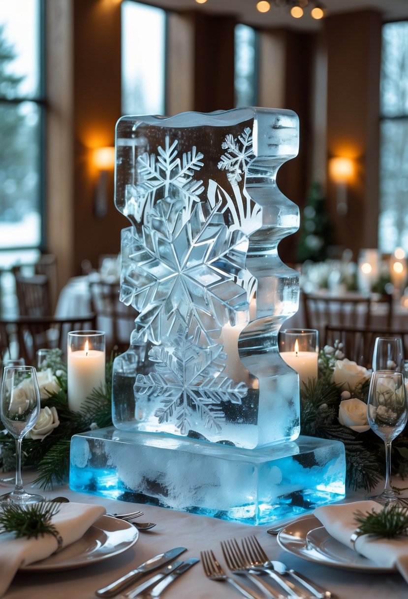 An ice sculpture centerpiece on a decorated banquet table with white flowers, candles, and dinnerware in a winter-themed indoor setting.