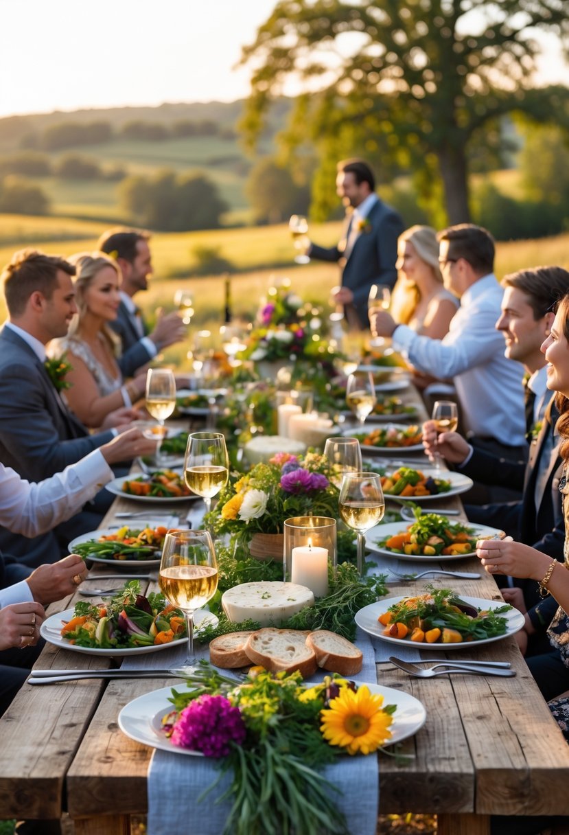 An outdoor dinner table set with fresh seasonal food and flowers, surrounded by people enjoying a meal in a countryside setting.