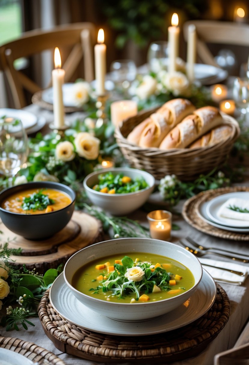A table set with bowls of soup, green salads, and baskets of fresh bread in a cozy dining setting.
