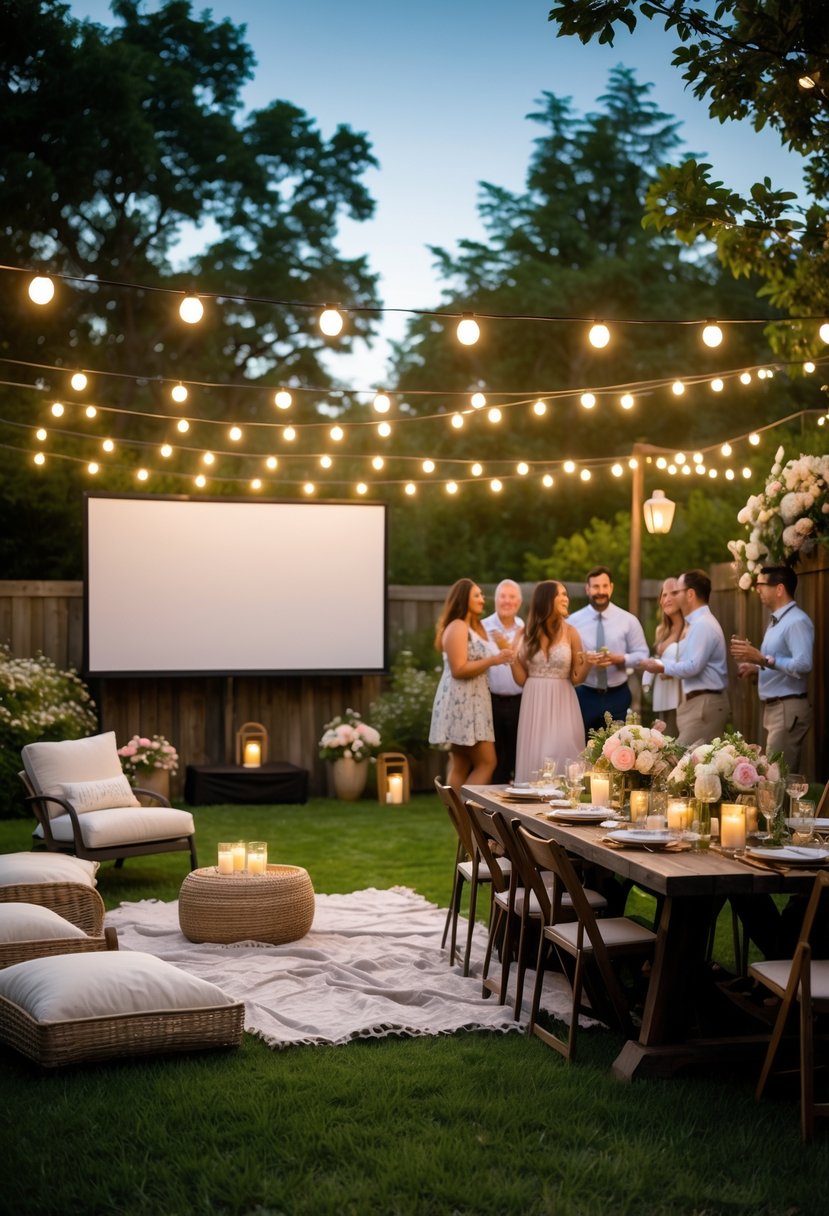 Outdoor backyard with string lights, a projector screen, decorated dining table, and guests enjoying a summer evening gathering.