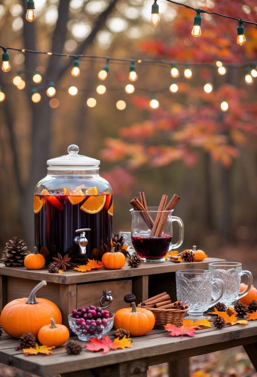 Outdoor mulled wine station with a wooden table decorated with autumn leaves, pumpkins, cinnamon sticks, and glass mugs, set against fall foliage.