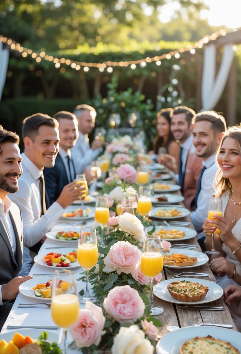 A group of people enjoying a daytime outdoor brunch with mimosas and a table set with flowers and food.