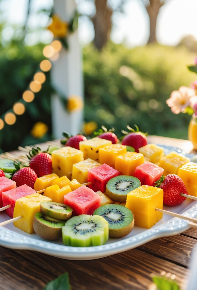 A platter of colorful tropical fruit skewers with pineapple, watermelon, mango, kiwi, and strawberries on a wooden table outdoors with greenery in the background.