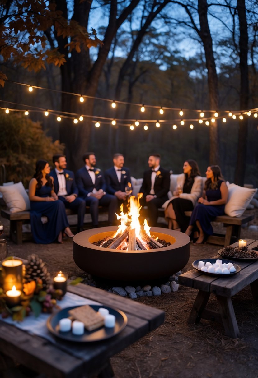 A group of people gathered around a fire pit at night with blankets and a table set with s'mores ingredients and seasonal decorations.