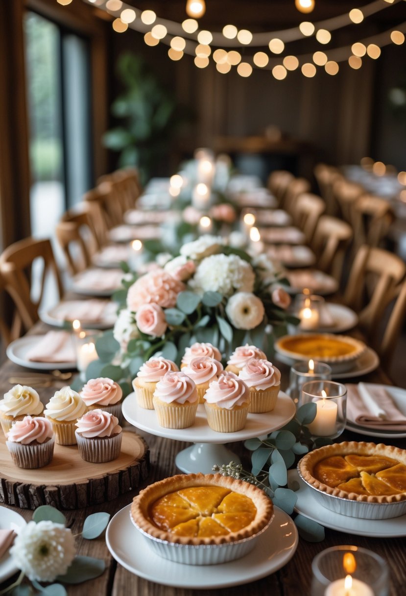A table set with cupcakes and fruit pies surrounded by candles and flowers in a cozy dining area decorated for a wedding rehearsal dinner.