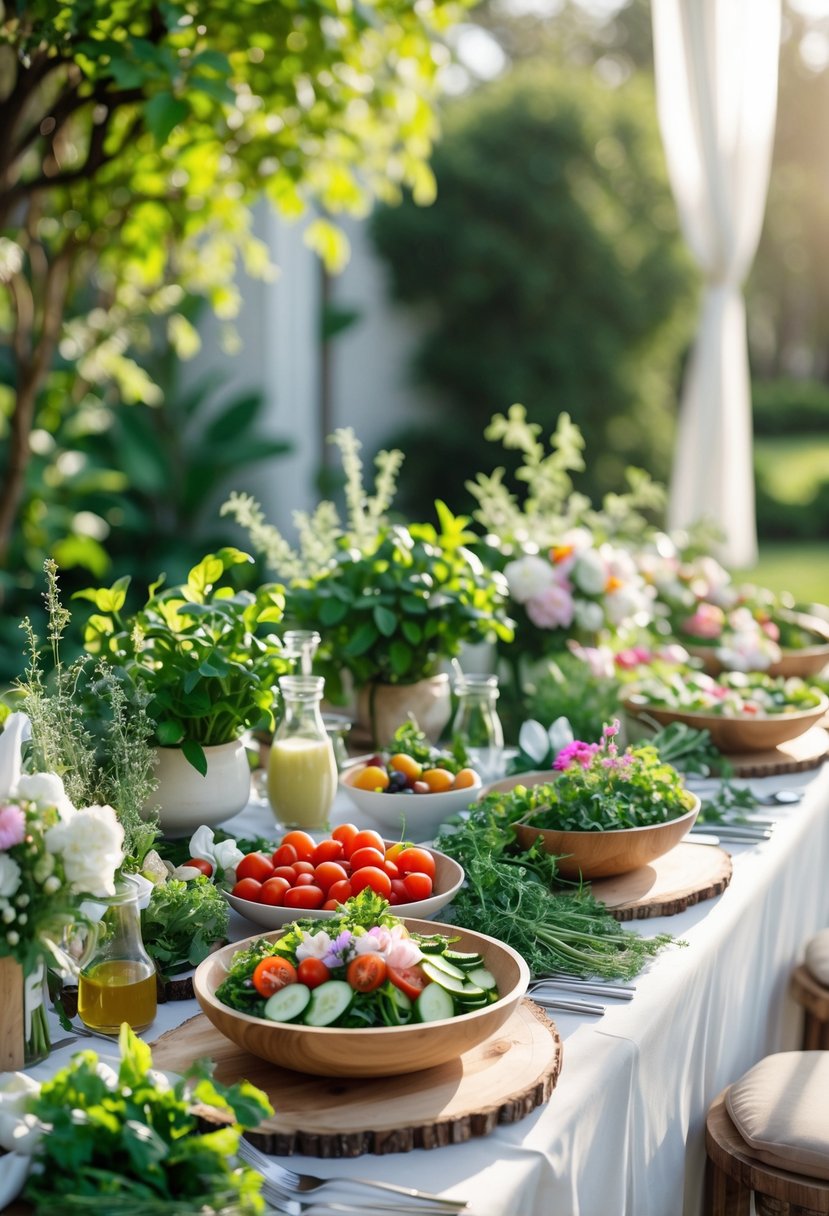 An outdoor table with fresh spring herbs, colorful salad ingredients, and floral decorations set up for a wedding rehearsal dinner.