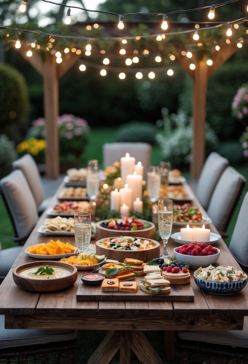 A cozy outdoor dinner table with finger foods and drinks set for a wedding rehearsal, surrounded by string lights and greenery.