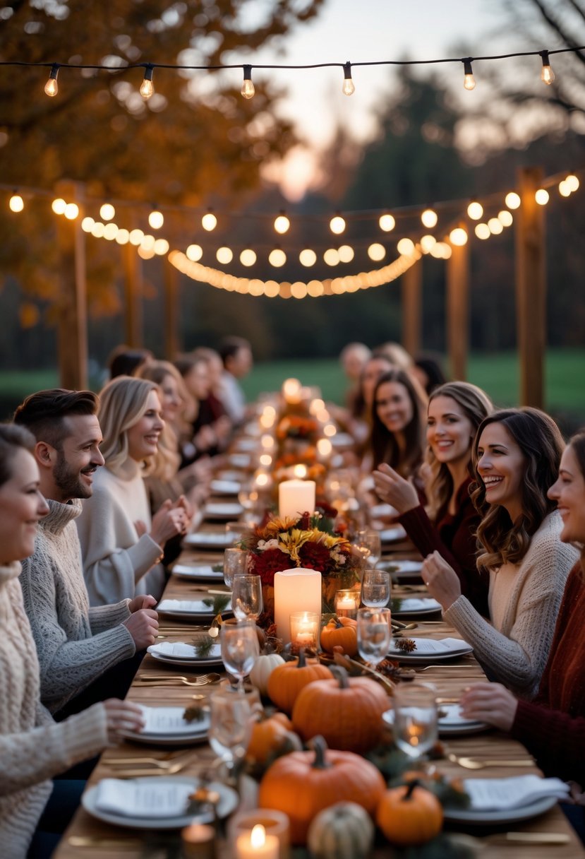 A group of people wearing cozy sweaters sitting around a decorated outdoor dinner table with candles and fall decorations in the evening.