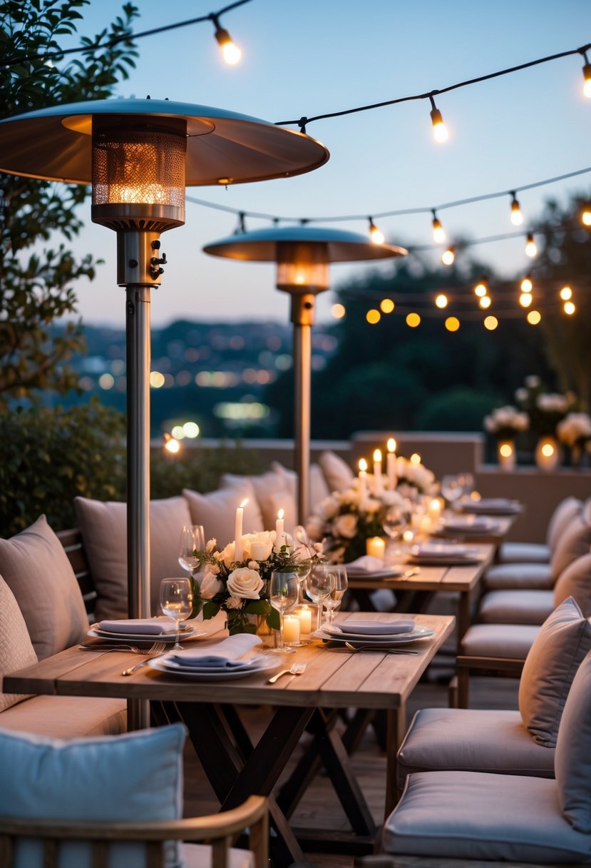 Outdoor terrace with heaters, cushioned seating, and tables set for a cozy dinner gathering in the evening.