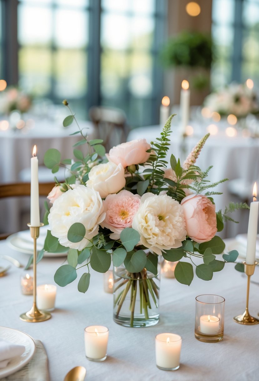 A wedding table with a floral centerpiece of white roses and pink peonies, surrounded by lit candles on a white tablecloth.