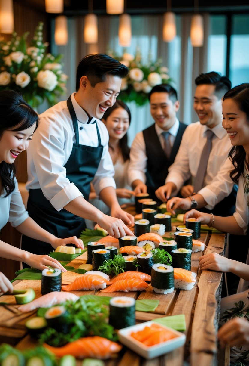 A sushi chef and guests making sushi rolls together at a cozy indoor dinner table decorated for a wedding rehearsal.