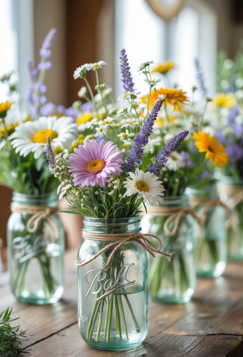 Mason jars filled with fresh wildflowers arranged as centerpieces on a wooden table.