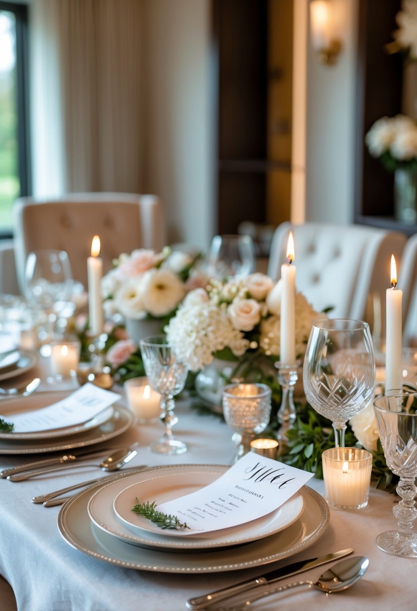 A home dining table set for a wedding rehearsal dinner with place settings, candles, and floral centerpieces.