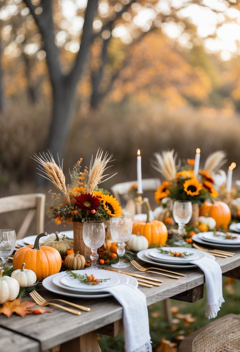 An outdoor table set for a wedding rehearsal dinner with autumn decorations including pumpkins, flowers, candles, and rustic tableware.
